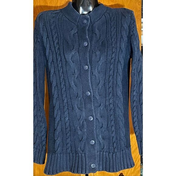 L.L Bean Woman’s Blue Cable Knit Button Front Long Sleeve Nautical Sweater S - Picture 2 of 8